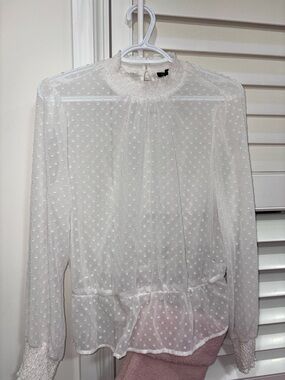 Dynamite White Sheer Swiss Dot Smocked Neck Blouse